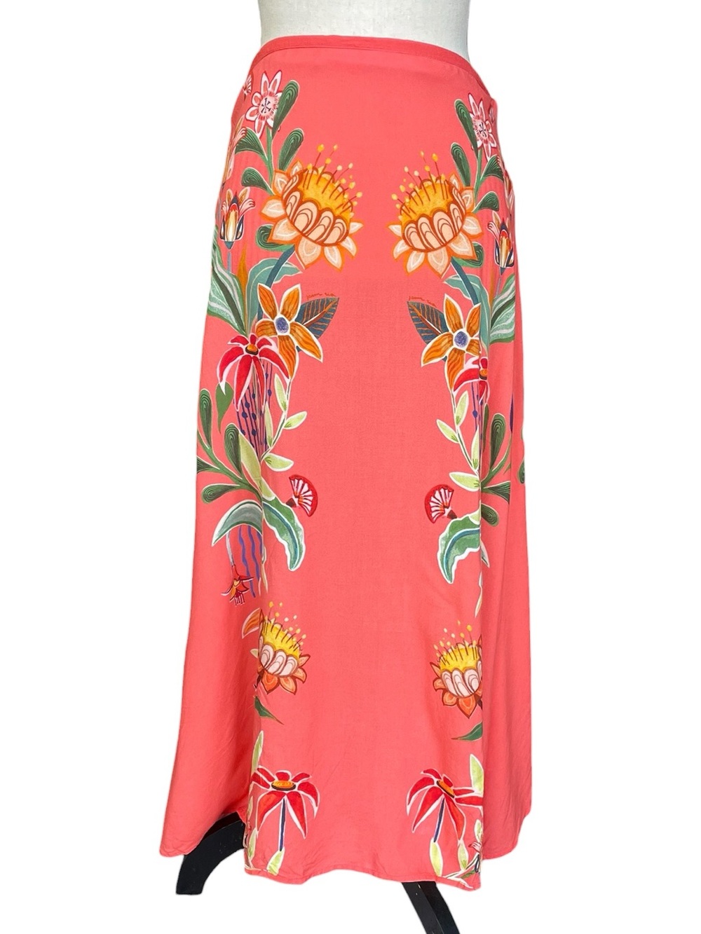 FARM Rio for Anthropologie Coral Fliral Linen Blend Midi Skirt
